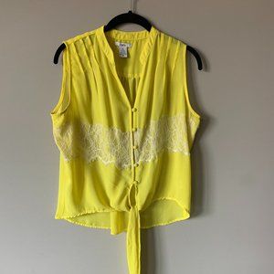 Bar III Blouse - V-Neck with Button Front Closure & Tie Front - Yellow w/ Lace
